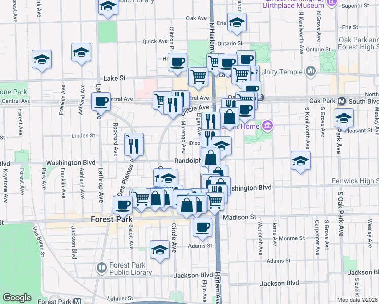 map of restaurants, bars, coffee shops, grocery stores, and more near 140 Marengo Avenue in Forest Park