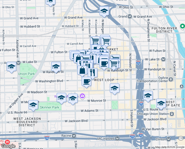map of restaurants, bars, coffee shops, grocery stores, and more near in Chicago