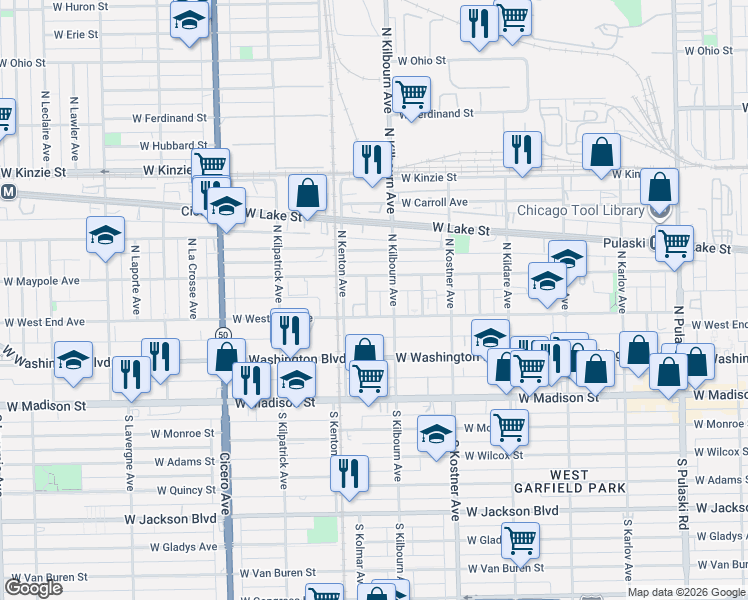 map of restaurants, bars, coffee shops, grocery stores, and more near 4536 West Maypole Avenue in Chicago