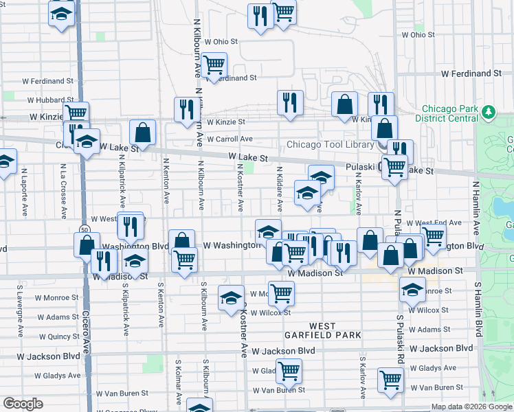 map of restaurants, bars, coffee shops, grocery stores, and more near 4347 West Maypole Avenue in Chicago