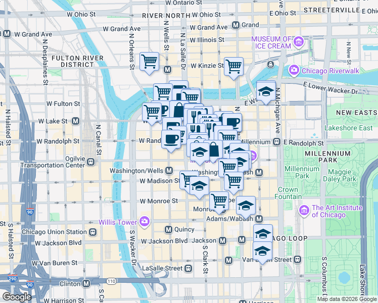 map of restaurants, bars, coffee shops, grocery stores, and more near 111 West Washington Street in Chicago