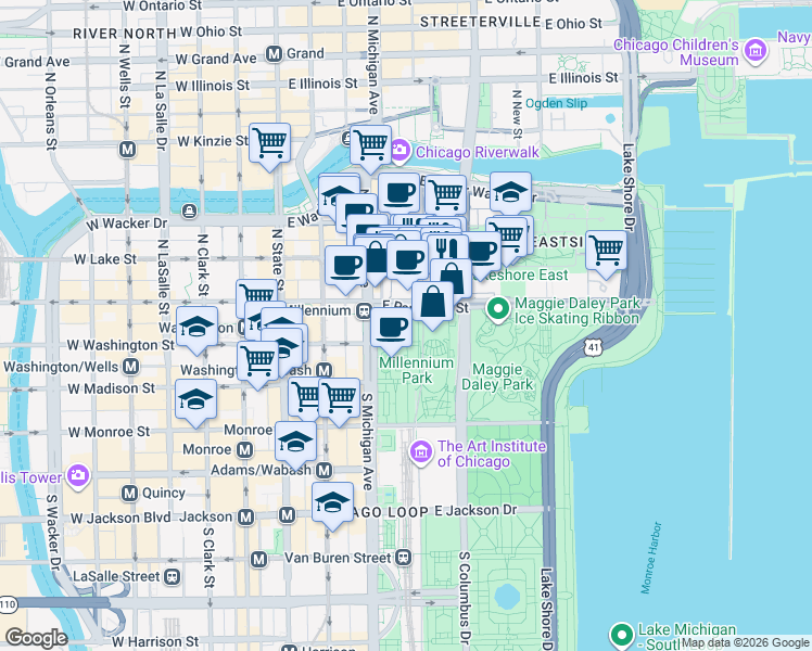 map of restaurants, bars, coffee shops, grocery stores, and more near 155 North Harbor Drive in Chicago