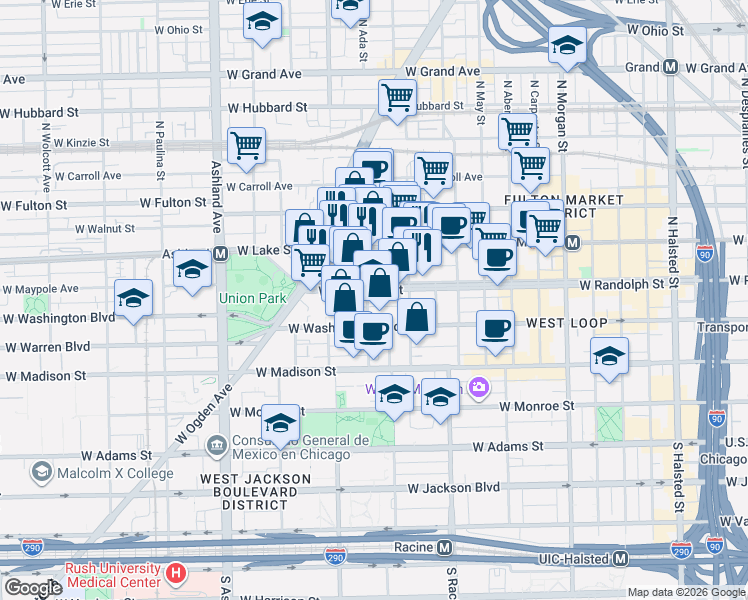 map of restaurants, bars, coffee shops, grocery stores, and more near in Chicago