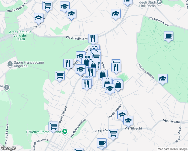 map of restaurants, bars, coffee shops, grocery stores, and more near 25b Via dei Gonzaga in Roma
