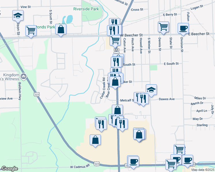 map of restaurants, bars, coffee shops, grocery stores, and more near 1000 South Main Street in Adrian