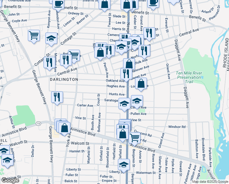 map of restaurants, bars, coffee shops, grocery stores, and more near 251 Hughes Avenue in Pawtucket