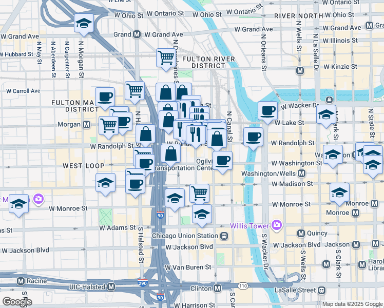 map of restaurants, bars, coffee shops, grocery stores, and more near 167 North Des Plaines Street in Chicago