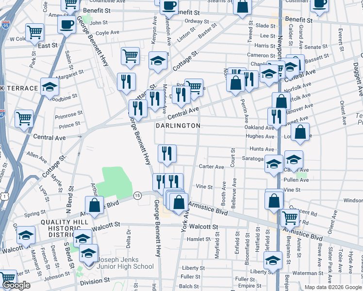 map of restaurants, bars, coffee shops, grocery stores, and more near 53 Hughes Avenue in Pawtucket
