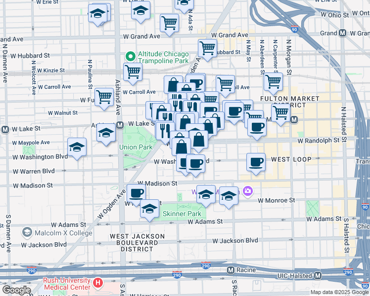 map of restaurants, bars, coffee shops, grocery stores, and more near 1364 West Randolph Street in Chicago