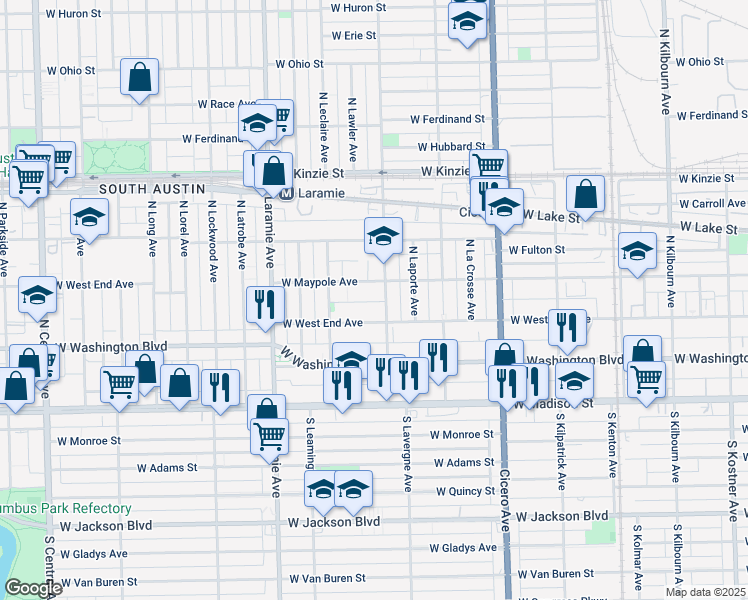 map of restaurants, bars, coffee shops, grocery stores, and more near 5011 West Maypole Avenue in Chicago