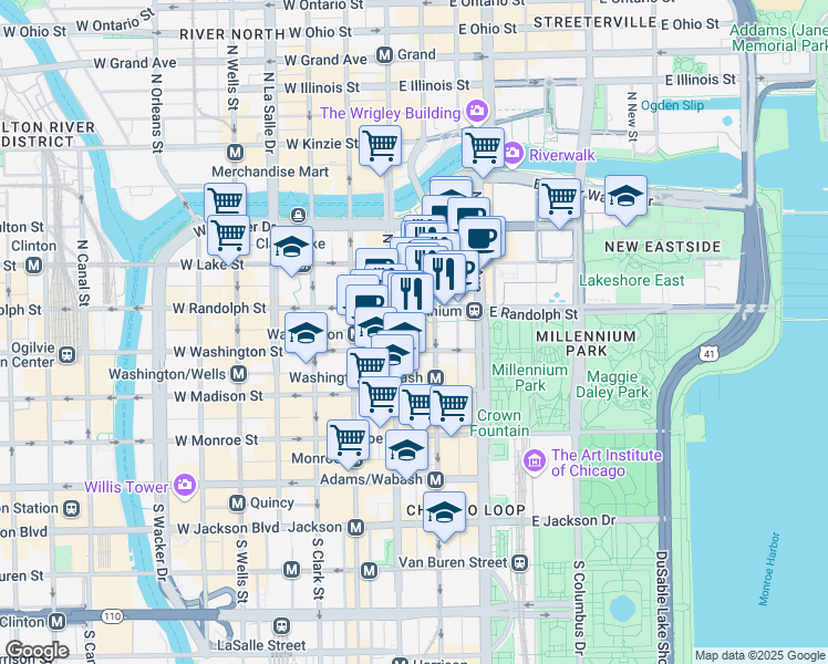 map of restaurants, bars, coffee shops, grocery stores, and more near 22 East Randolph Street in Chicago