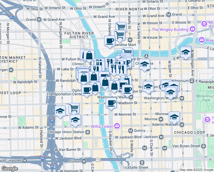 map of restaurants, bars, coffee shops, grocery stores, and more near 120 Lower Wacker Drive in Chicago