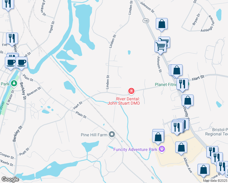 map of restaurants, bars, coffee shops, grocery stores, and more near 76 Hart Street in Taunton