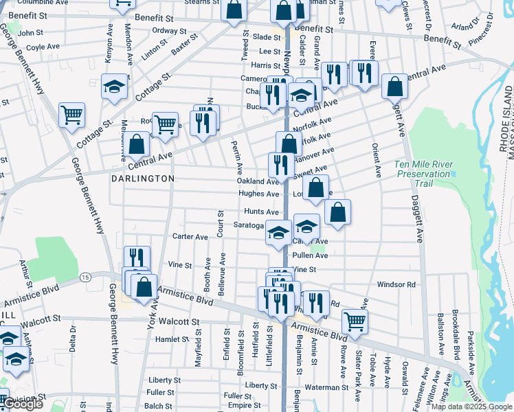 map of restaurants, bars, coffee shops, grocery stores, and more near 251 Hughes Avenue in Pawtucket
