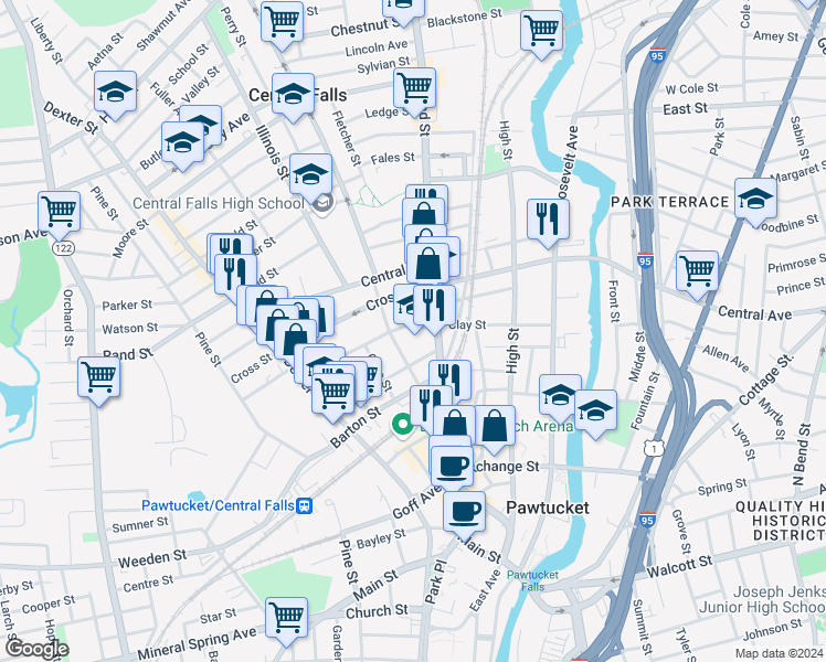 map of restaurants, bars, coffee shops, grocery stores, and more near 110 1/2 Cross Street in Central Falls