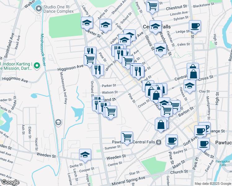 map of restaurants, bars, coffee shops, grocery stores, and more near 30 Parker Street in Central Falls
