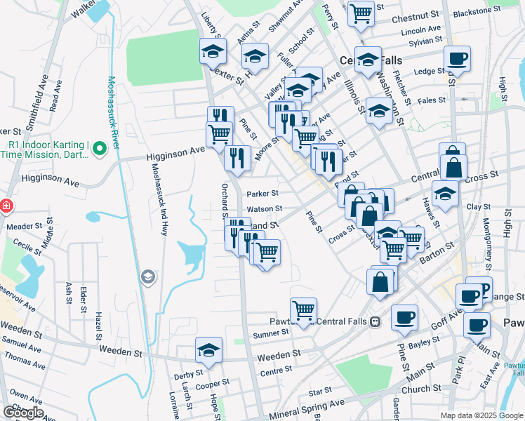 map of restaurants, bars, coffee shops, grocery stores, and more near 30 Parker Street in Central Falls