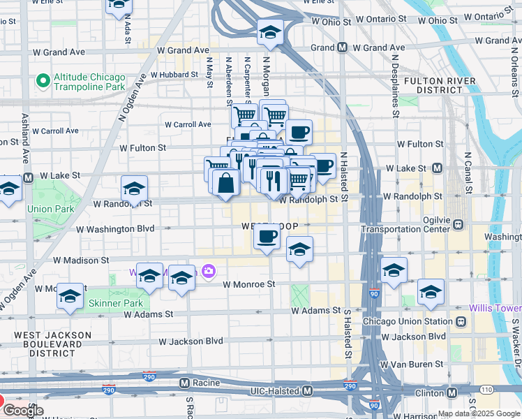 map of restaurants, bars, coffee shops, grocery stores, and more near 1006 West Randolph Street in Chicago