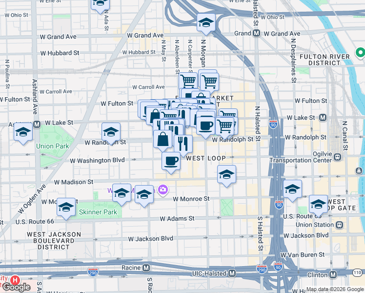 map of restaurants, bars, coffee shops, grocery stores, and more near 1042 West Randolph Street in Chicago