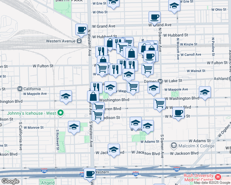 map of restaurants, bars, coffee shops, grocery stores, and more near in Chicago