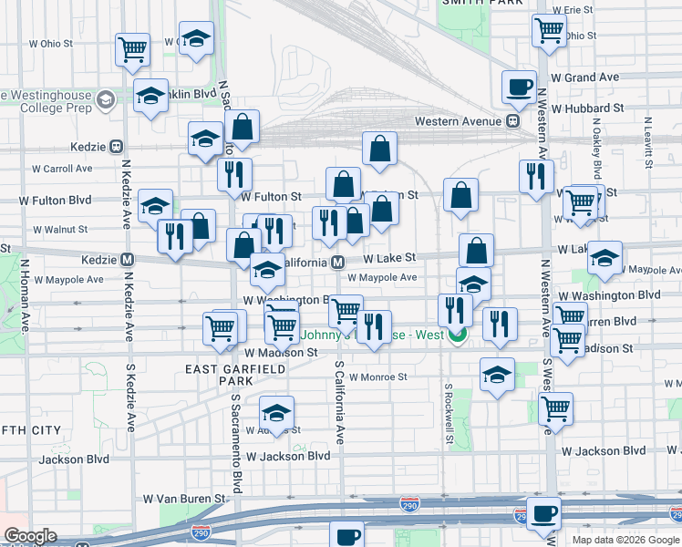map of restaurants, bars, coffee shops, grocery stores, and more near 157 North California Avenue in Chicago