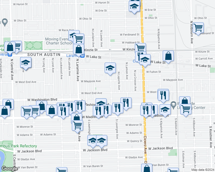 map of restaurants, bars, coffee shops, grocery stores, and more near 5023 West Maypole Avenue in Chicago