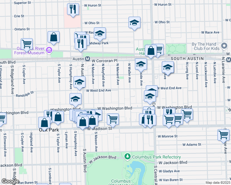 map of restaurants, bars, coffee shops, grocery stores, and more near 5826 West West End Avenue in Chicago