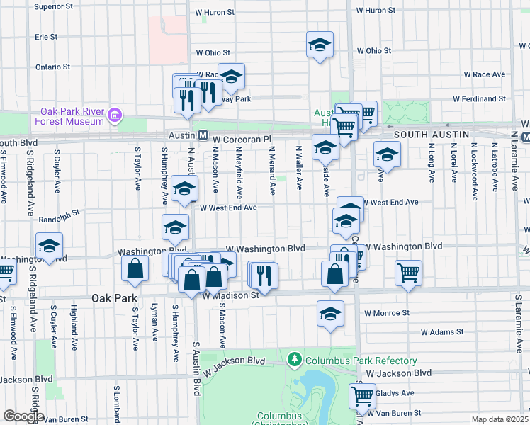 map of restaurants, bars, coffee shops, grocery stores, and more near 5826 West West End Avenue in Chicago