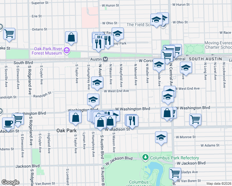 map of restaurants, bars, coffee shops, grocery stores, and more near 208 North Mayfield Avenue in Chicago