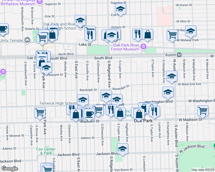 map of restaurants, bars, coffee shops, grocery stores, and more near in Oak Park