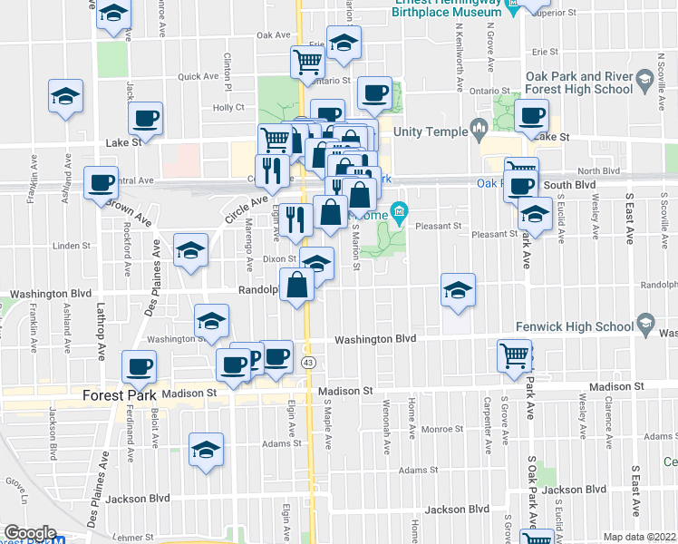 map of restaurants, bars, coffee shops, grocery stores, and more near 224 South Maple Avenue in Oak Park