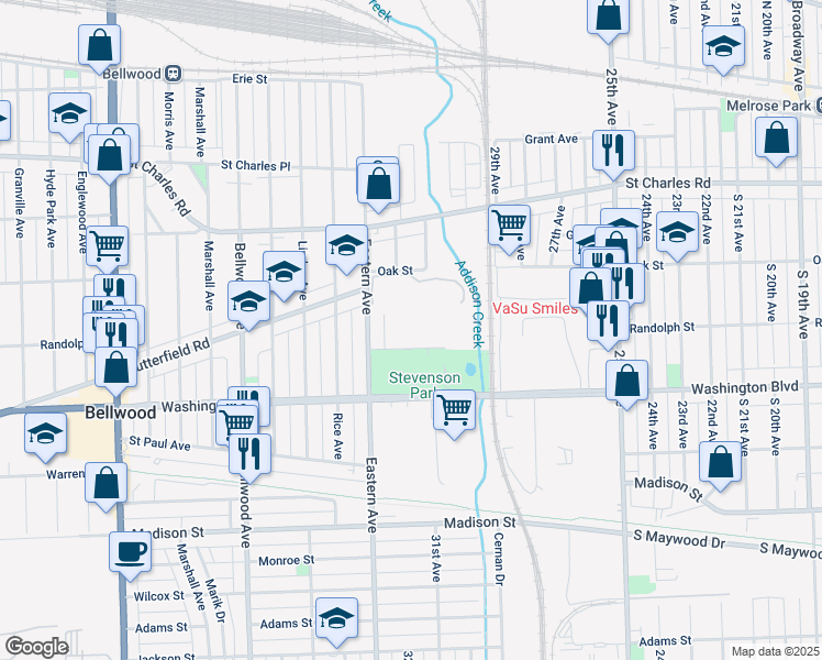 map of restaurants, bars, coffee shops, grocery stores, and more near 3100 Oak Street in Bellwood