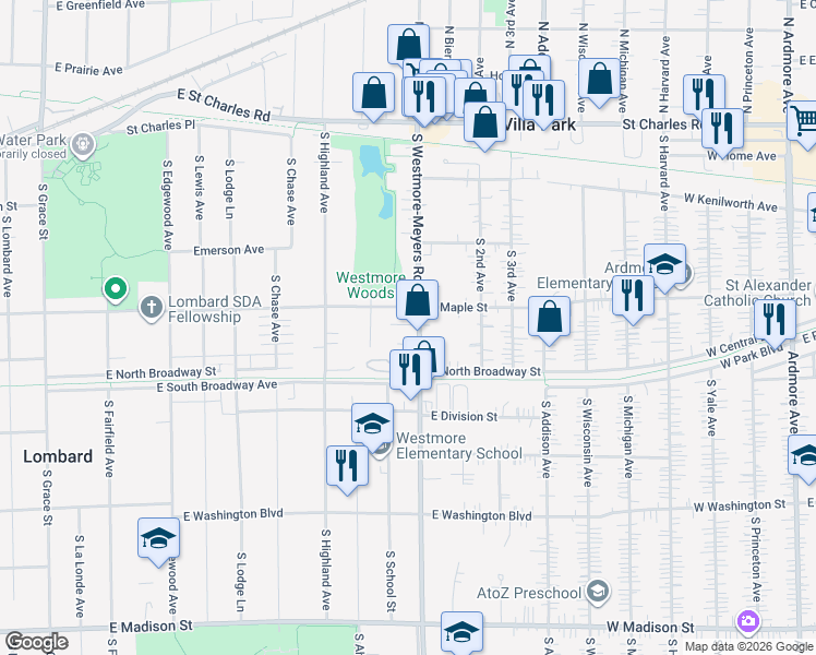 map of restaurants, bars, coffee shops, grocery stores, and more near 914 East Maple Street in Lombard