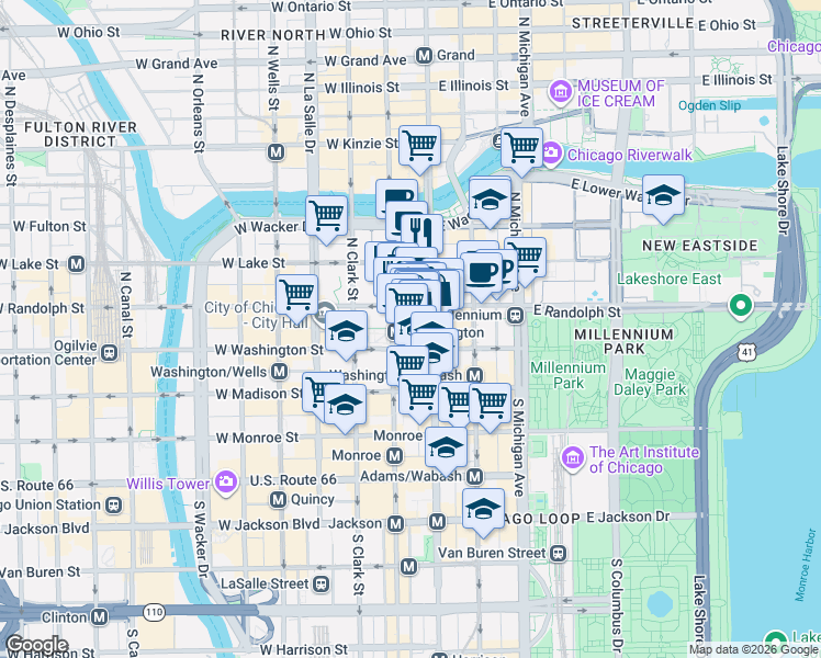 map of restaurants, bars, coffee shops, grocery stores, and more near 25 West Randolph Street in Chicago