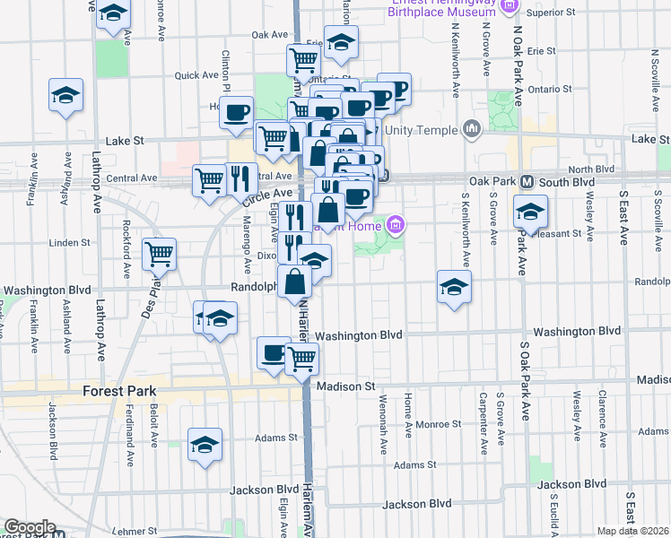map of restaurants, bars, coffee shops, grocery stores, and more near 224 South Maple Avenue in Oak Park