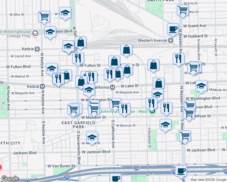map of restaurants, bars, coffee shops, grocery stores, and more near 157 North California Avenue in Chicago