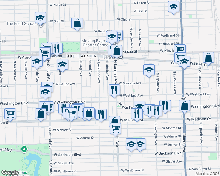 map of restaurants, bars, coffee shops, grocery stores, and more near 201 North Latrobe Avenue in Chicago