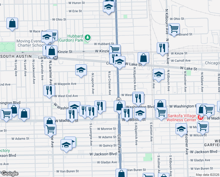 map of restaurants, bars, coffee shops, grocery stores, and more near 200 North La Crosse Avenue in Chicago