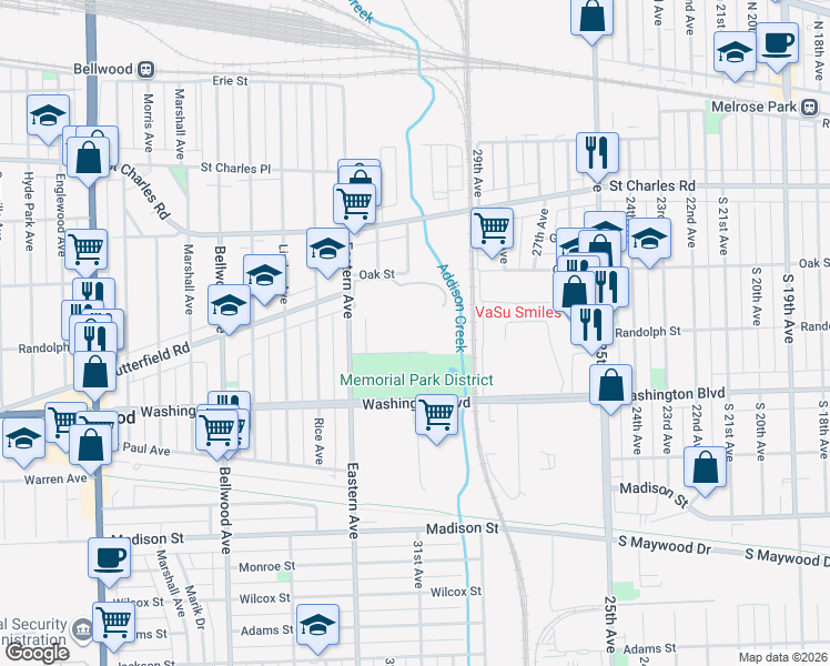 map of restaurants, bars, coffee shops, grocery stores, and more near 3201 Randolph Street in Bellwood