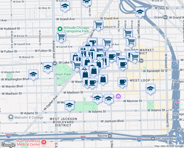 map of restaurants, bars, coffee shops, grocery stores, and more near 1334 West Randolph Street in Chicago