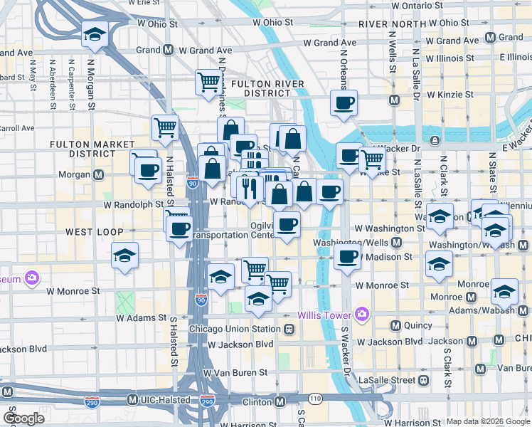 map of restaurants, bars, coffee shops, grocery stores, and more near 553 West Randolph Street in Chicago