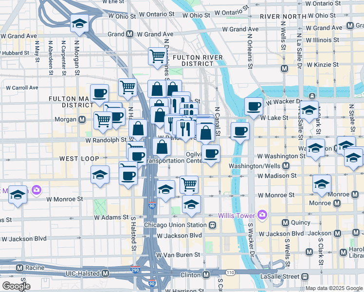 map of restaurants, bars, coffee shops, grocery stores, and more near 116 North Jefferson Street in Chicago