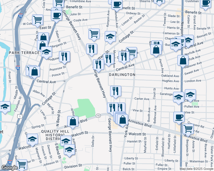map of restaurants, bars, coffee shops, grocery stores, and more near 40 Winthrop Avenue in Pawtucket