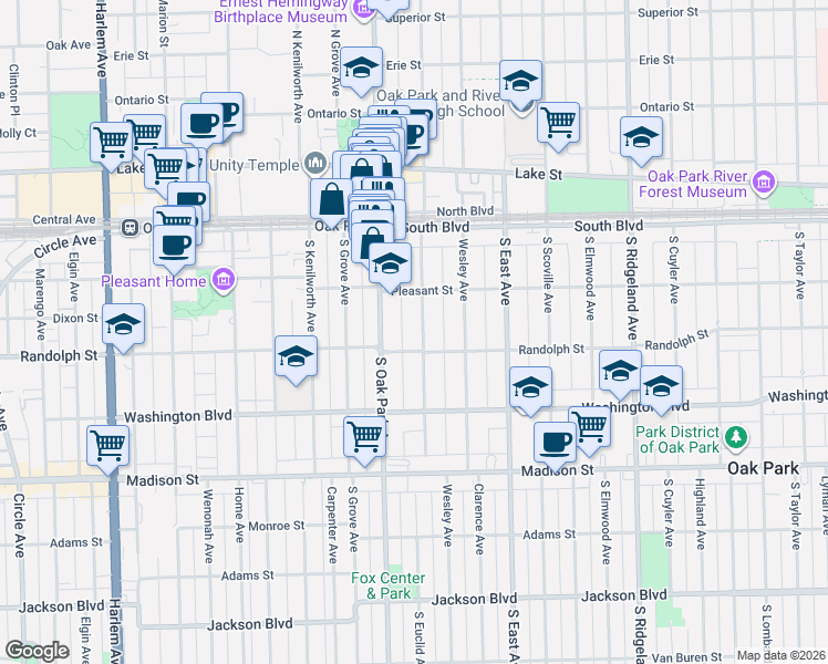 map of restaurants, bars, coffee shops, grocery stores, and more near 227 South Euclid Avenue in Oak Park