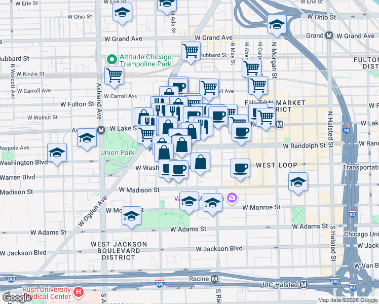 map of restaurants, bars, coffee shops, grocery stores, and more near 1313 West Randolph Street in Chicago