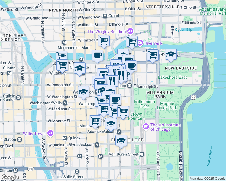map of restaurants, bars, coffee shops, grocery stores, and more near 111 North State Street in Chicago