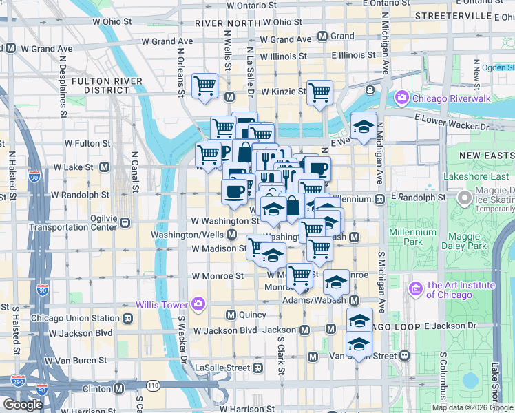 map of restaurants, bars, coffee shops, grocery stores, and more near 121 North LaSalle Street in Chicago