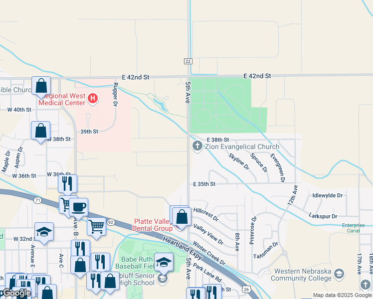 map of restaurants, bars, coffee shops, grocery stores, and more near 3717-3719 5th Ave in Scottsbluff