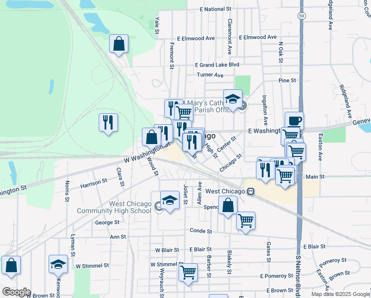 map of restaurants, bars, coffee shops, grocery stores, and more near 124 Main Street in West Chicago