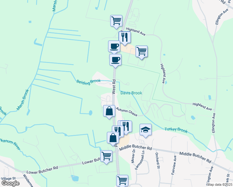 map of restaurants, bars, coffee shops, grocery stores, and more near 117 West Road in Ellington